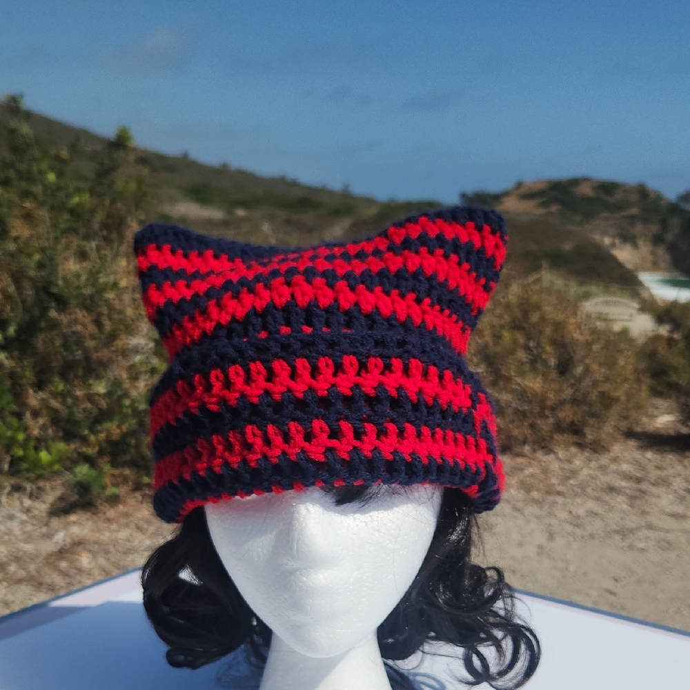 Handmade Unisex Red & Navy Blue Stripe Crochet Cat Ear Beanie Sack Hat Cat Hat